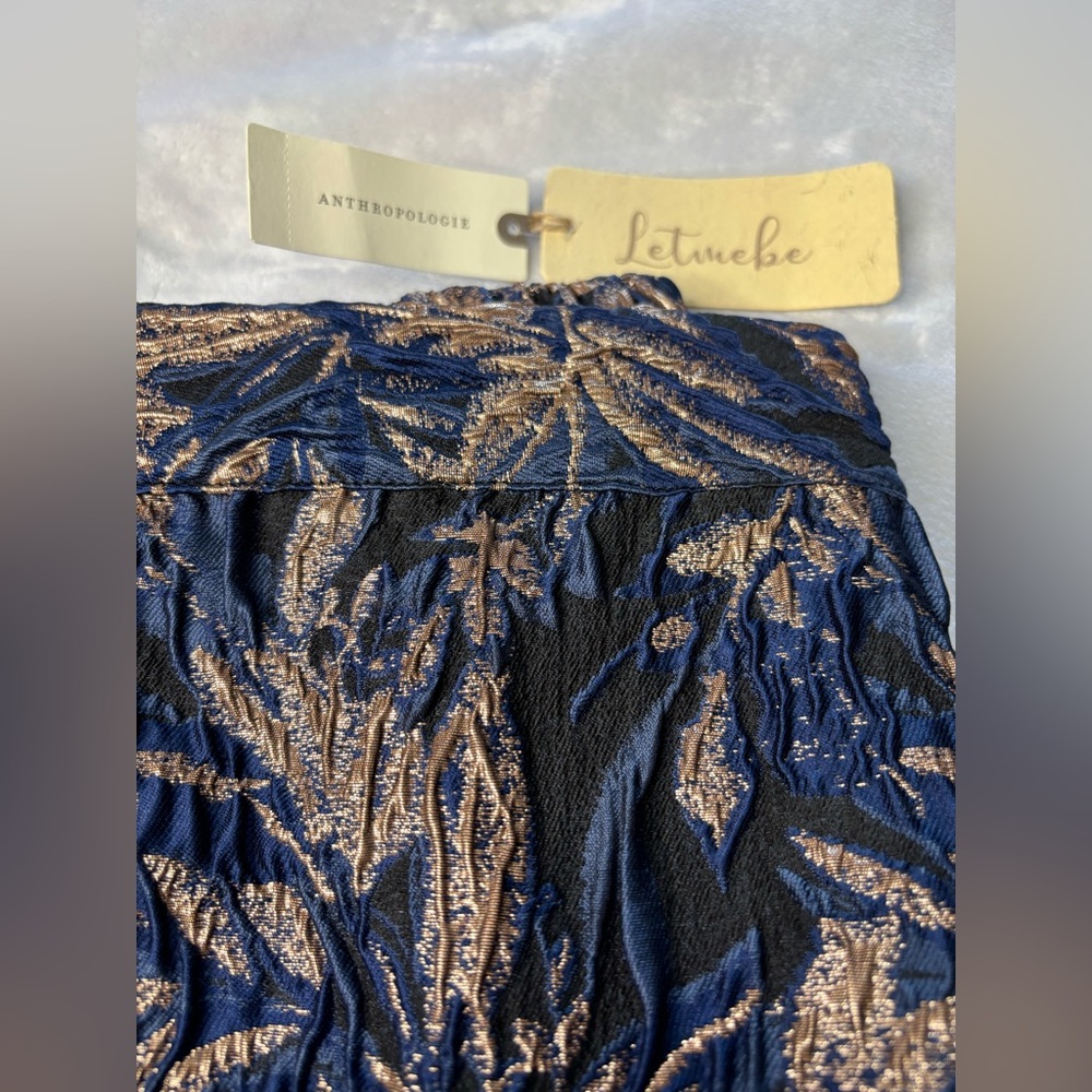 Anthropologie Navy with Gold Leaf Jacquard Wide Leg Pants Size Medium NWT - Picture 2 of 16